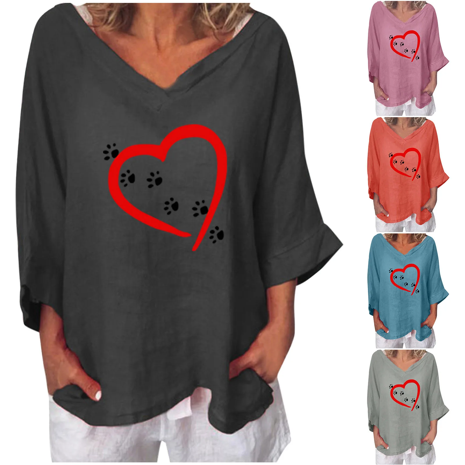 

Autumn New Blouses Women's Fashion Casual Love Printed Loose Base Shirt Long Sleeve Blouses Cotton Linen Pullover 2021 New