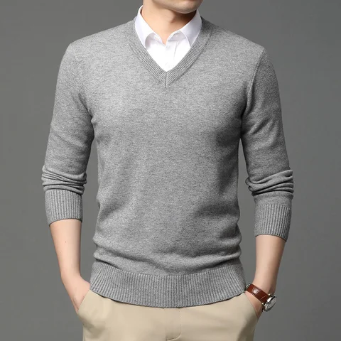 Мужской шерстяной вязаный пуловер, Черный Повседневный джемпер с V-образным вырезом, одежда для осени и зимы, 2023