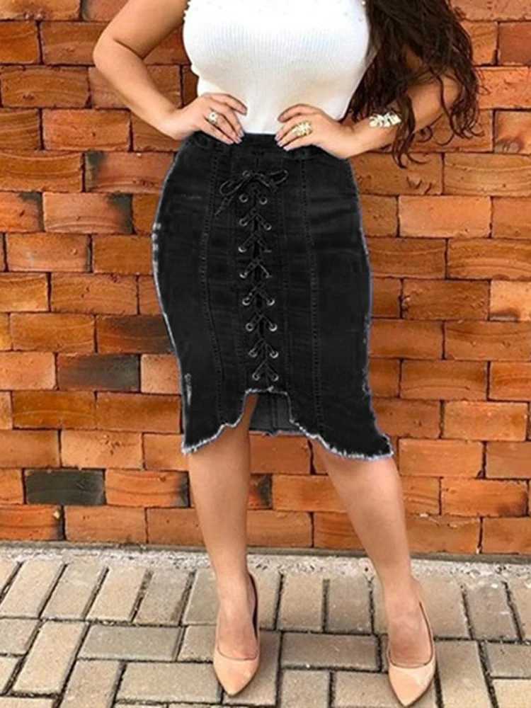 

Jeans Skirt Women High Waist Lace Up Sexy Front Slit Summer Casual Streetwear Aesthetic Denim Skirt Plus Size Female Clothing