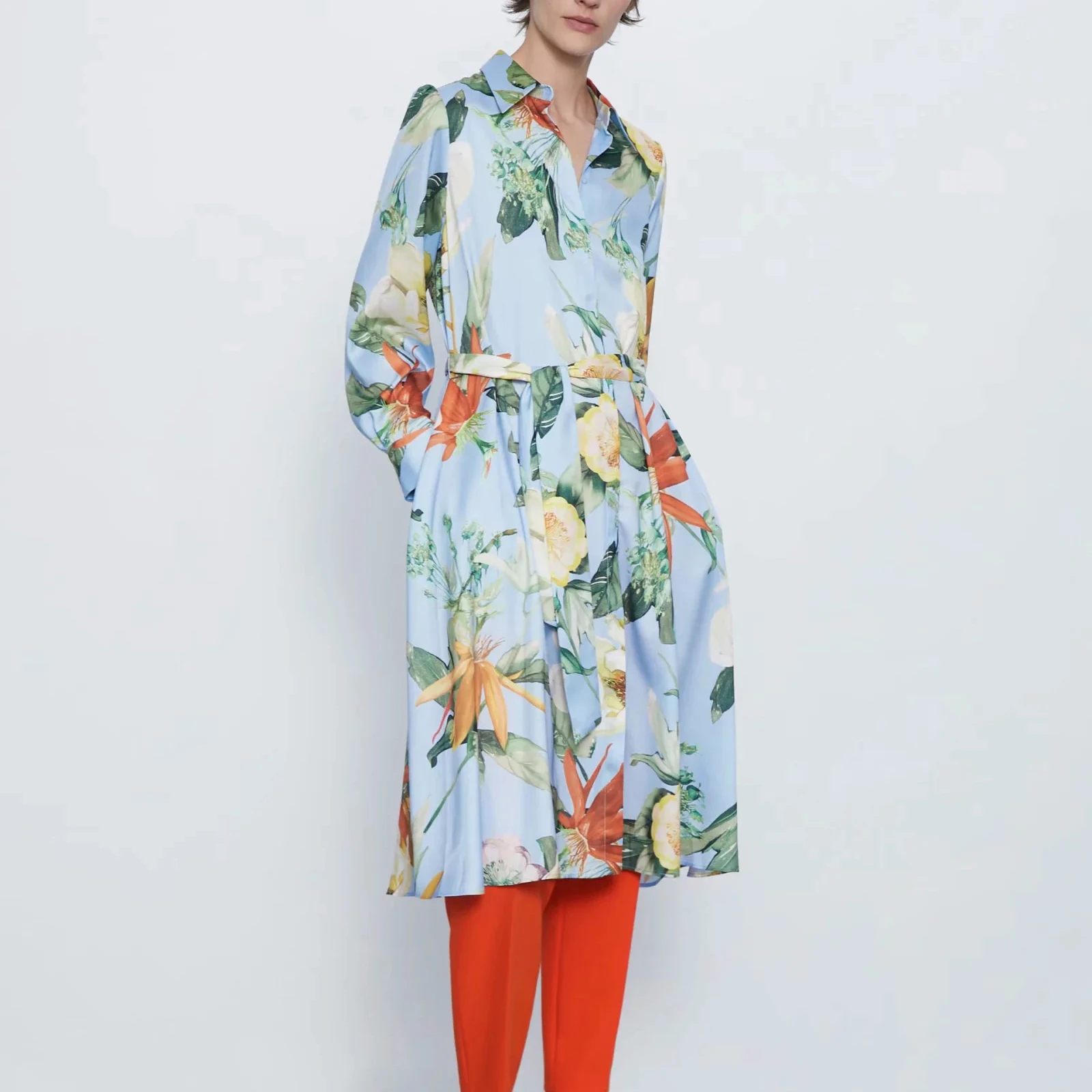 Женское платье ZA синее до середины икры с длинным рукавом и цветочным