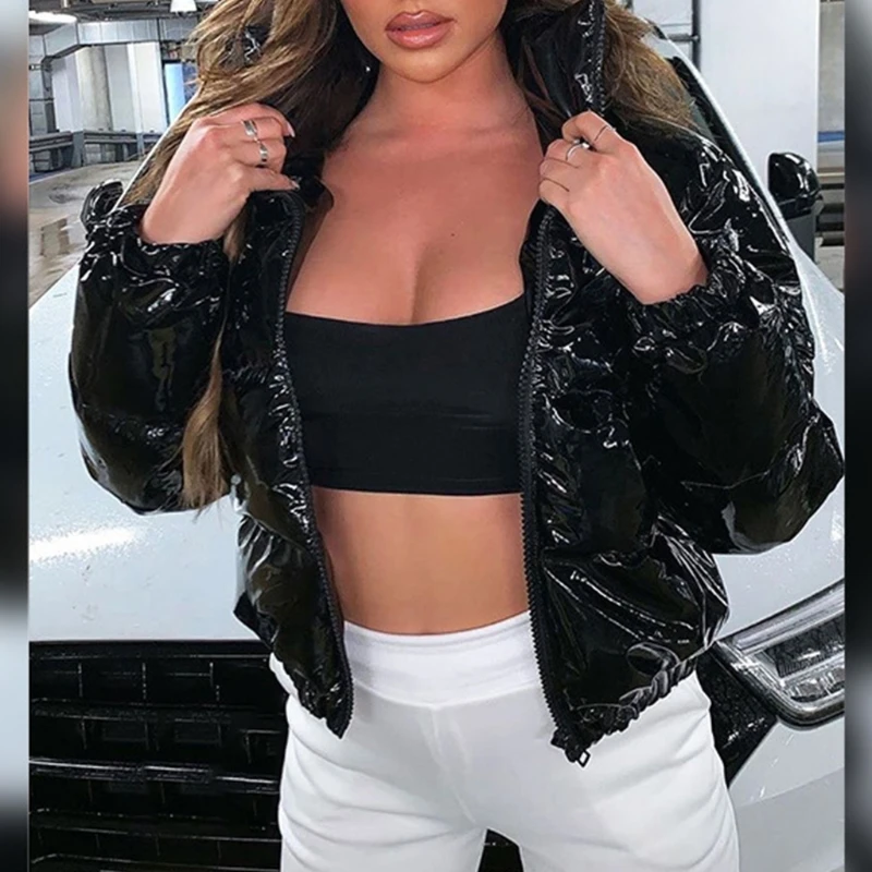 

Women Winter Long Sleeve Zipper Puffer Jacket Stand Collar Shiny Metallic Faux Leather Cropped Puffy Bubble Coat Quilted Parkas