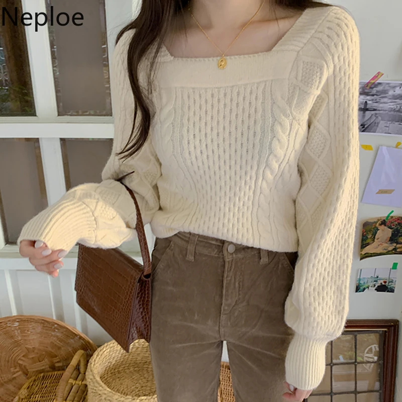 Женский трикотажный свитер с квадратным воротником Neploe Ins плотный однотонный