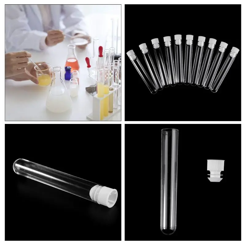 

10Pcs Plastic Test Tubes Lab Test Tool With Screw Cap Transparent 16x100mm