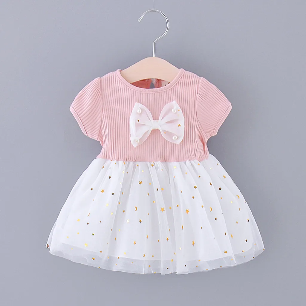 TELOTUNY dress Infant Baby Girls Short Sleeve Star Moon Tulle Princess Dress coton Solid Bowknot frock baby summer 2020apr | Детская