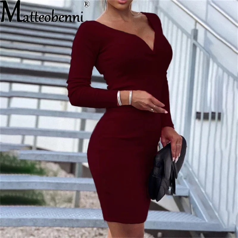 Купи 2021 Autumn Winter Slim Solid Color Pencil Dress Casual V-Neck Long Sleeve Midi Dress Elegant High Waist Office Dresses Vestidos за 661 рублей в магазине AliExpress