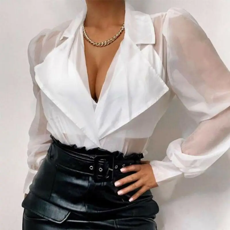 Новинка хит женская сексуальная прозрачная блуза из органзы с пышными рукавами