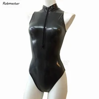 sexy women latex bodysuit black one piece swimsuit open bust front zipper sleeveless bathing suit women zentai jumpsuit leotard