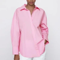 2021 summer women pink blouse za new long sleeve simple shirts office lady female top single breasted turn down collar blouses