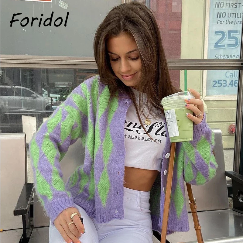 

Вязаный кардиган-оверсайз Foridol с рисунком ромбиками, свитер на пуговицах, фиолетовая винтажная уличная одежда, Короткий Повседневный Карди...