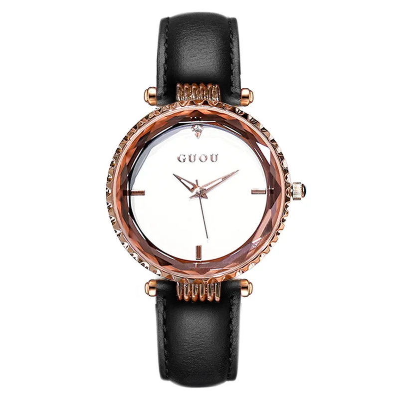 

WOMEN'S WATERPROOF ROUND SIMPLE DIAL LEATHER WATCHBAND DECORATIVE DRESS LADY QUARZ WATCH G6014P