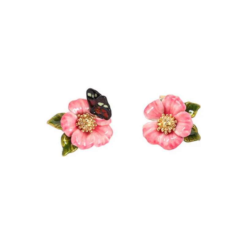 

European and American fashion enamel glaze pink flower butterfly stud earrings personality asymmetric 925 silver needle earrings