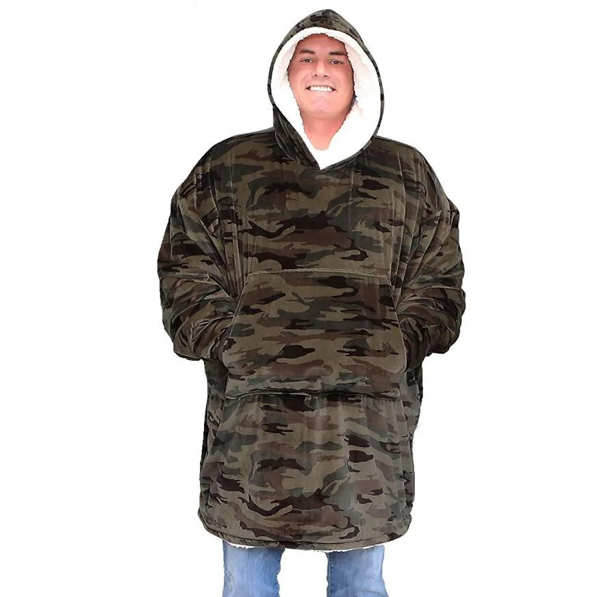 

Camouflage Fleece Sherpa Blanket with Sleeves Super Huge Warm Outdoor Pocket Hoodie Adult Winter Hooded TV Blankets Sweatshirt