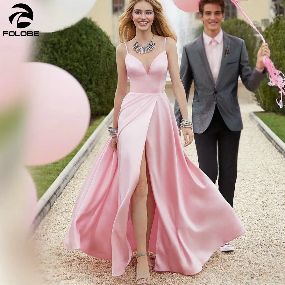 

FOLOBE Elegant Long Pink Prom Dresses 2020 Women Sexy High Slit Satin V Neck Spaghetti Strap Backless Party Gowns