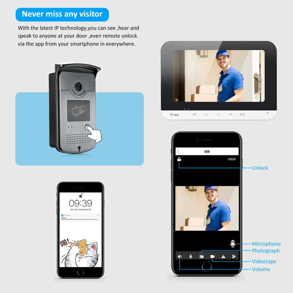 7 Ihch Wifi Video Doorbell Metal Camera With IR Video Door Bell Support RFID Unlock For Home Access Control
