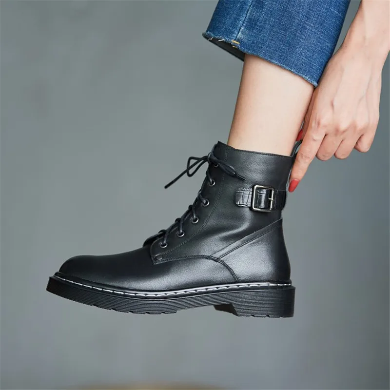 

Winter Boots Women 2020 Restoring Ancient Ways Ankle Boots Low Heel Lace-up Side Zipper Metal Buckles Boots for Women Fashion