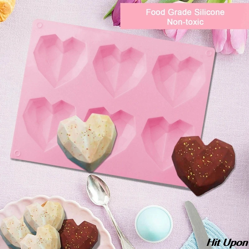 

2021 3d Diamond Heart Diy Molds For Fondant Soap Candle Molds 6-grids Silicone Baking Cake Chocolate Molds Pastry Pudding Jell