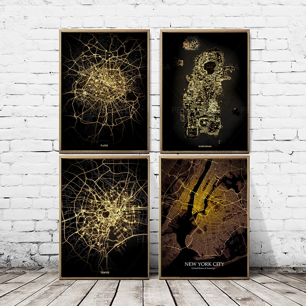 Город золотая линия цифровая карта Модульная картина холст настенные