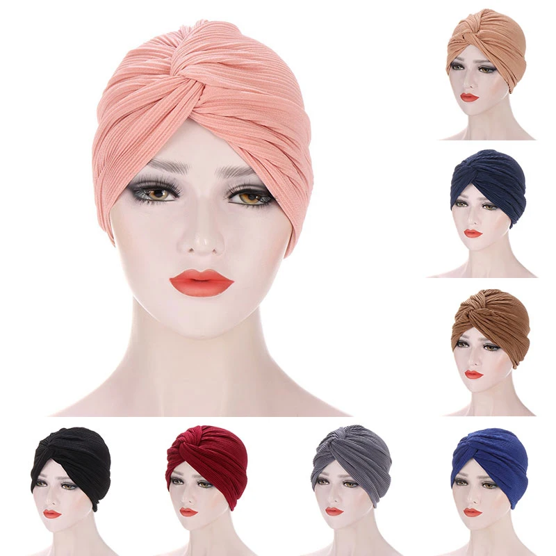 

Fashion Pleated Cross Muslim Turban Solid Color Cotton Inner Hijabs Arab Caps eady To Wear Women Head Scarf Under Hijab Bonnet