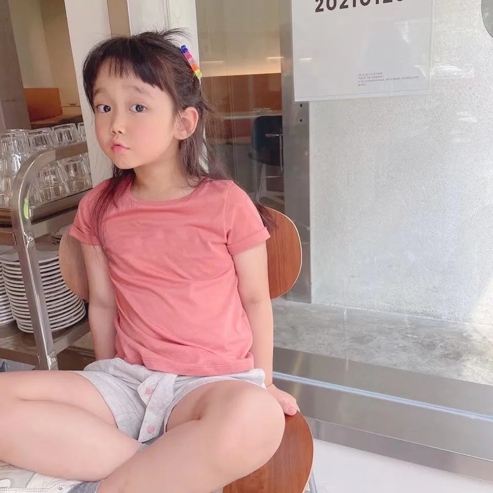 

2021 Presale 15th April Summer t-shirt for kids baby girls 100% cotton pink colour baby girls embroidered Letter Tees