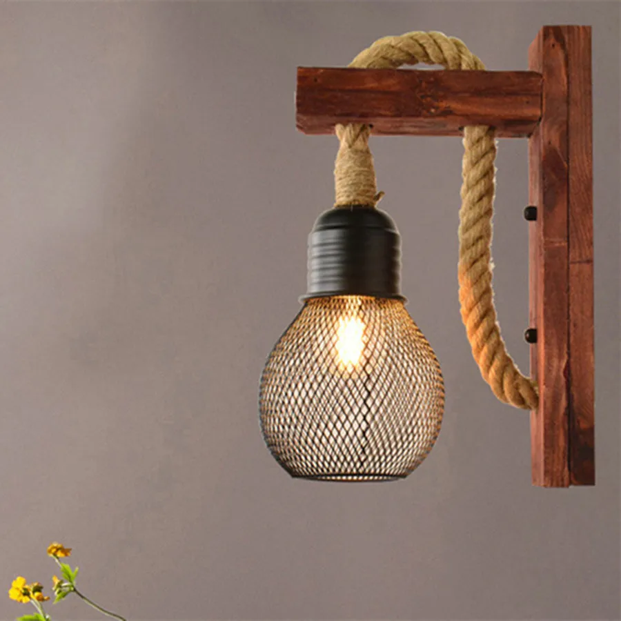 

Retro Hemp Rope LED Wall Lamp Living Room Bedside Wooden Wall Light Vintage Industrial Cafe Bar Decor Lighting Luminaires