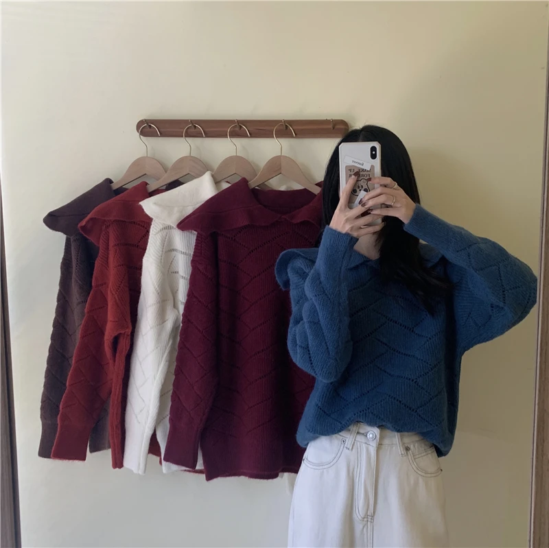 

HKCP Fashion Women Sweater Casual Solid Turn-down Collar Office Lady Knitted Pullovers Long Sleeve Winter 2020 New