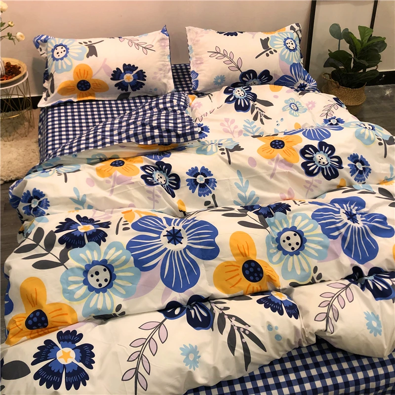 

Double Bed Linen Set Flower Reactive Printed Queen Size Duvet Cover Sets King Size Bedding Purple Floral Bed Covers