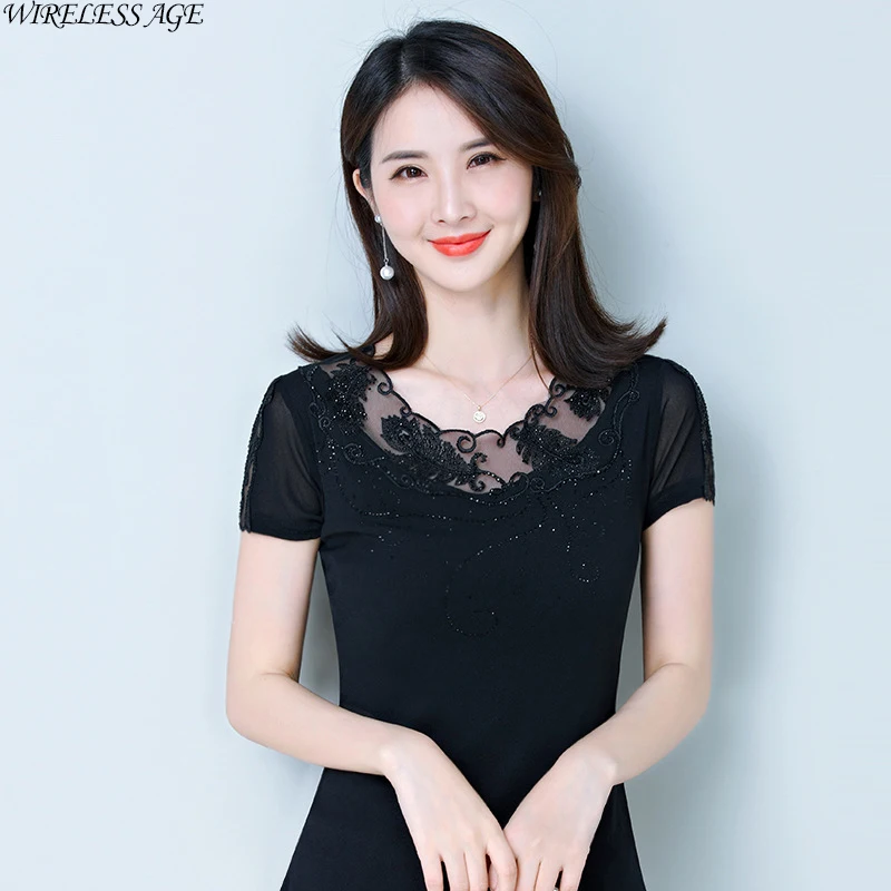 

WIRELESS AGE T Shirt Women Short Sleeve Round Neck Hollow Lace Stitching Slim Commute Women's Tops 2021 New Summer Fashion Wild