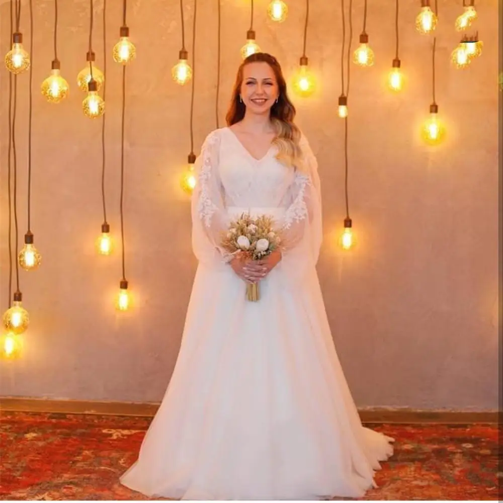 

Wedding Dress A-line Long Puff Sleeve Lace Elegant Princess Court Train Women Formal Gowns V-Neck Robe De Mriaee Floor Length