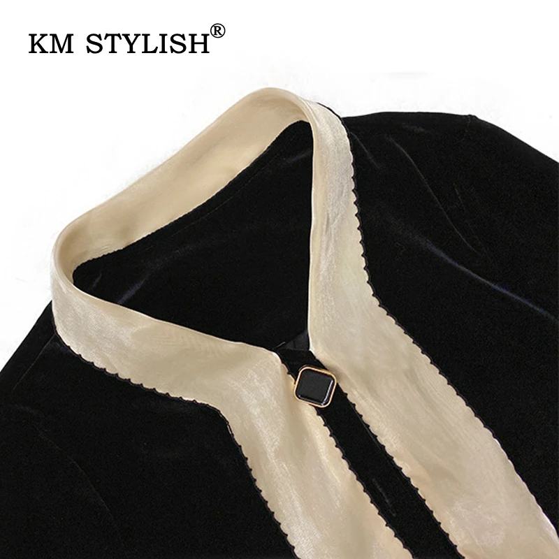 

Women Fashion Black Bow-neck Loose Dress Single-breasted Ruffled Long-sleeve Velvet Lady Casual Dress