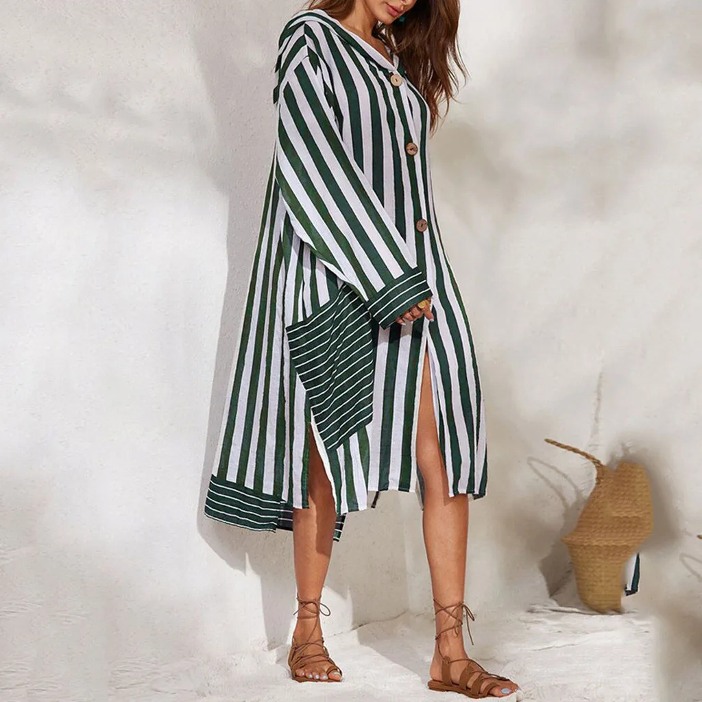 Полосатая свободная пляжная повседневная юбка с v-образным вырезом платье
