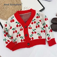 mudkingdom girls spring sweater cute cherry cardigan v neck long sleeve single breasted tops little girl kids outerwear clothes