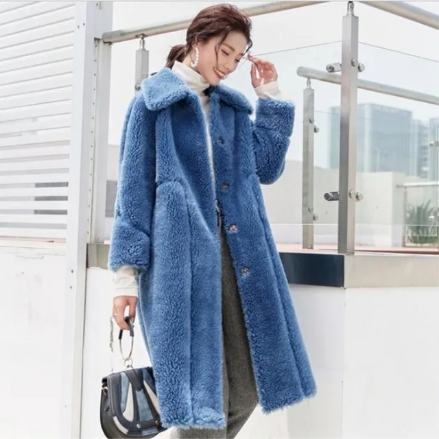 Royal Blue Женское пальто с мехом шерстяные куртки женские зимние теплые шерстяные пальто из овчины длинные двубортные тренчи женские - Цвет: Royal Blue