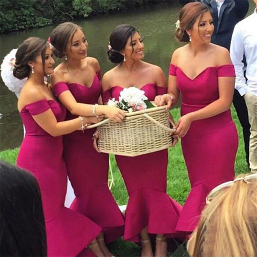 

Hot Pink Satin Bridesmaid Dresses Off The Shoulder Boat Neck Wonderful Mermaid Wedding Guest Dress 2019 Cheap Women Party Gowns