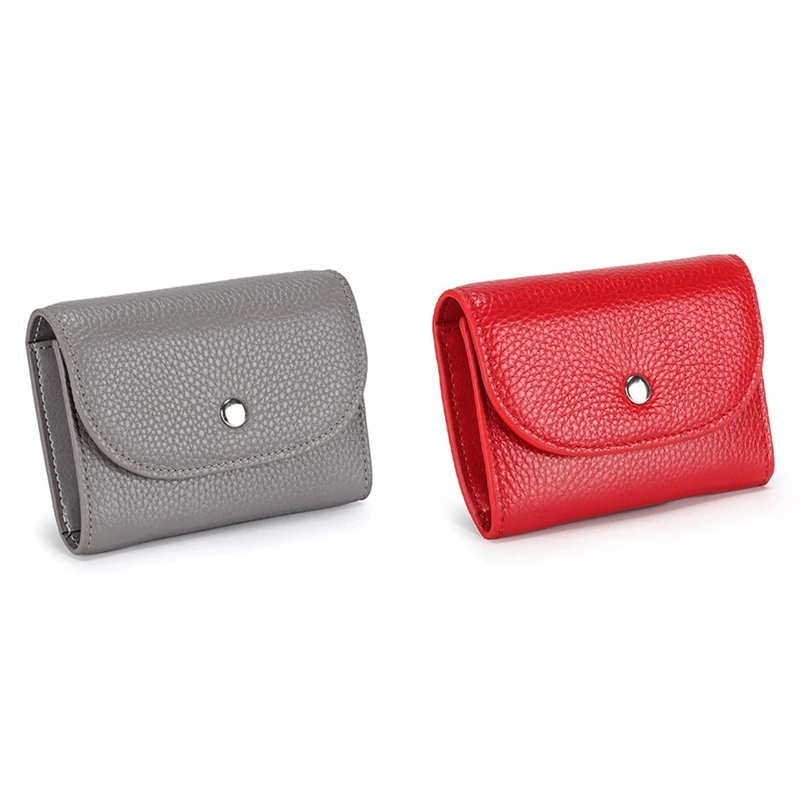 

2 Pcs PU Leather Coin Purse Large-Capacity Coin Bag Head Layer Cowhide Multifunctional Business Card Bag, Gray & Red