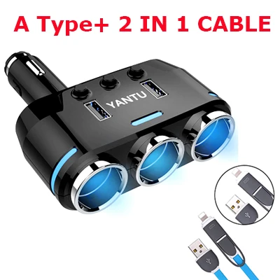 A with 2in1 cable ACCNIC 2 USB порта 3 Way розетка для автомобильного прикуривателя Разветвитель зарядное устройство DC 12~ 24V прикуриватель гнездо черный - Название цвета: A with 2in1 cable