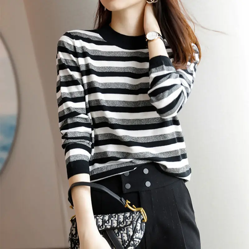 

Striped T-shirt Women's Long Sleeve Top Spring Autumn New Round Neck Pullover Bottoming T-shirt