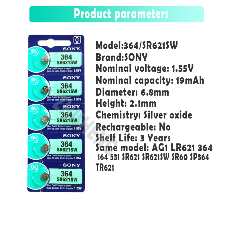 200 шт. Sony 364 100% оригинал 1 55 в оксид серебра часы батарея SR621SW V364 SR60 SR621 AG1 Кнопка