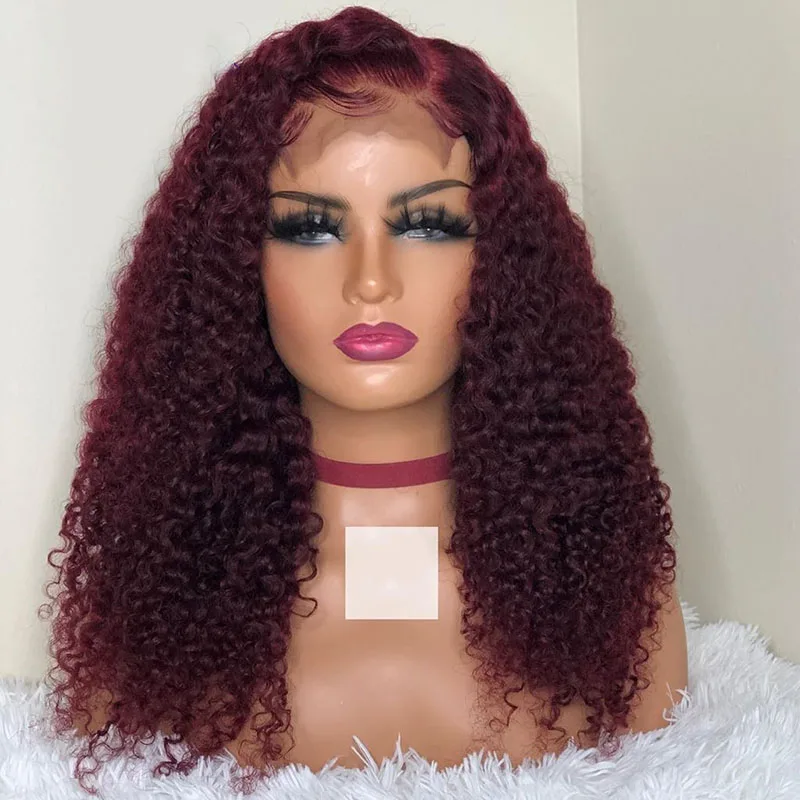 

Middle Part Burgundy 180% Density 26 Inch Long 99j Lace Synthetic Wig For Black Women Kinky Curly With BabyHair Natural Hairline