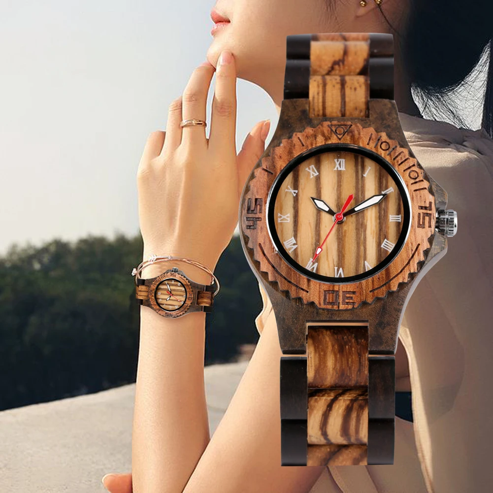 

Women Wooden Watch Nature Brown/Red Sandalwood Watchband Roman Numerals Dial Gifts For Female Lady Mom Girls Reloj Mujer