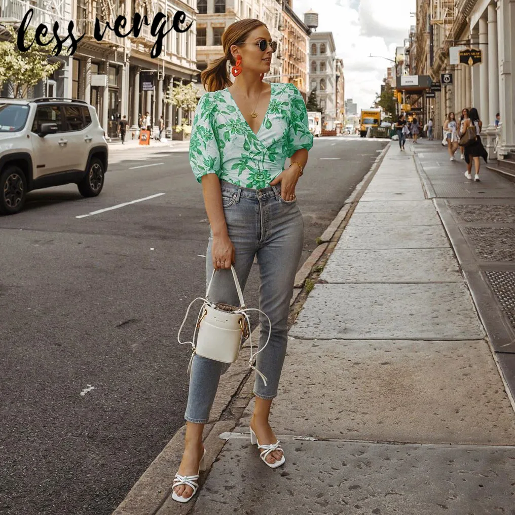 Lessverge Цветочный принт v образным вырезом укороченный блузка рубашка богемный