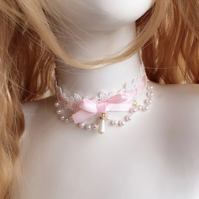 Gothic Necklace Black Lace Choker Necklace Retro Lolita Accessories Sweet Pearl Necklace Bowknot Choker  Necklace for Women