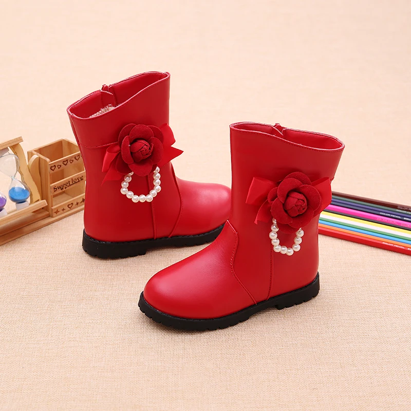 

Boots kids girls Children Girl Princess Shoes Flower Mid-calf Fashion Snow Boots Keep Warm Booties with Pearl SSJ046