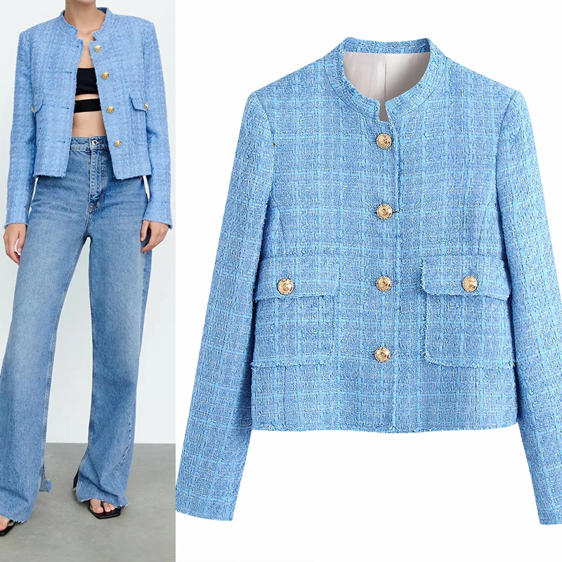 

PXALL 2021 Zar TR AF Women's Coat Autumn New Fashion Small Fragrance Small Round Neck Single-breasted Blue Suit Jacket PX509