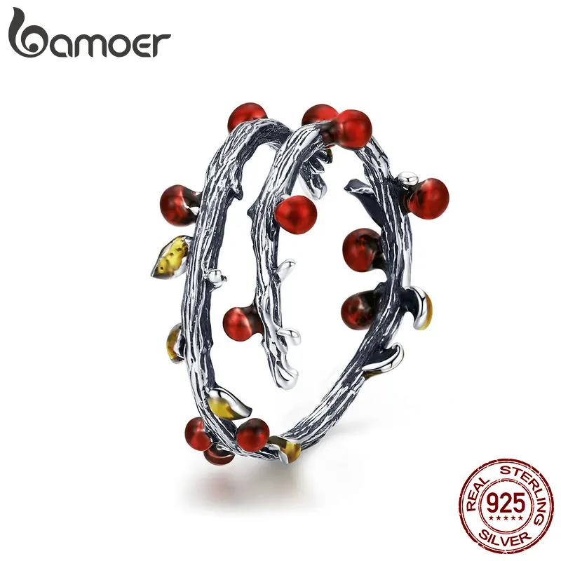 BAMOER Настоящее 925 пробы Серебряное осеннее увядшее дерево листья Регулируемые кольца для женщин обручальное кольцо ювелирные изделия Anel SCR442