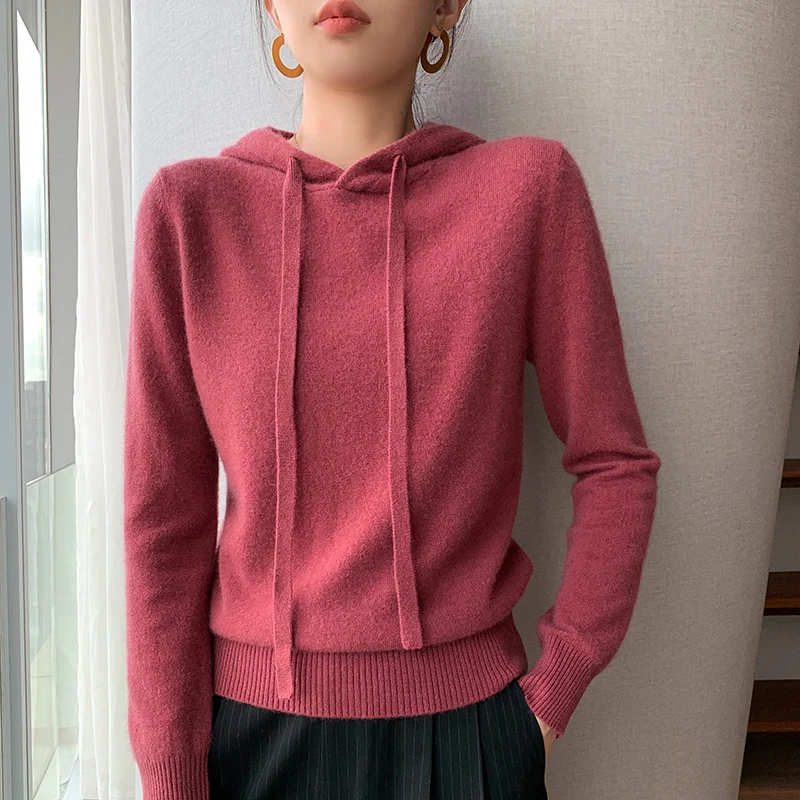 Autumn And Winter New Style Women's Round Neck Pullover With 30% Cashmere Pure Color Slim-Fit Hooded Elegant Wool Sweater