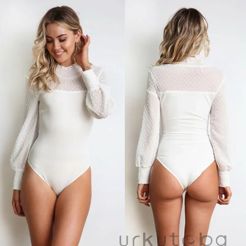 Сексуальное Женское боди с длинным рукавом и высоким воротником сетчатый