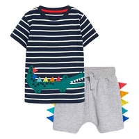 2021 summer new toddler boy clothes casual knitted cotton crocodile print children set striped t shirt gray shorts 20719