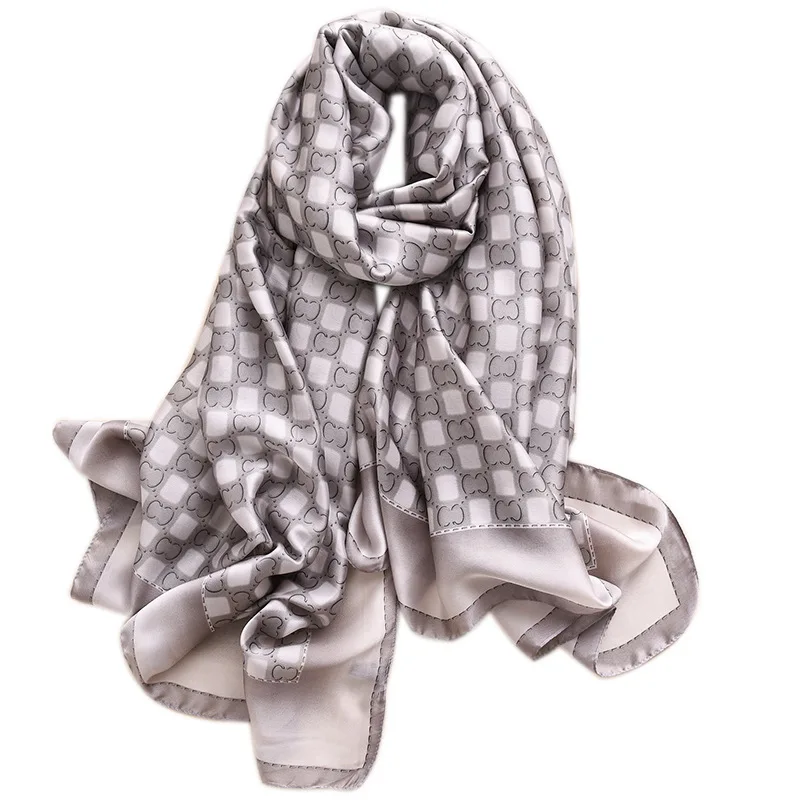 

2021 Spring New Sillk Scarf for Women Plaid Print Hijabs Headband Bandana Summer Large Shawls and Wrap Pashmina Echarpe Stoles