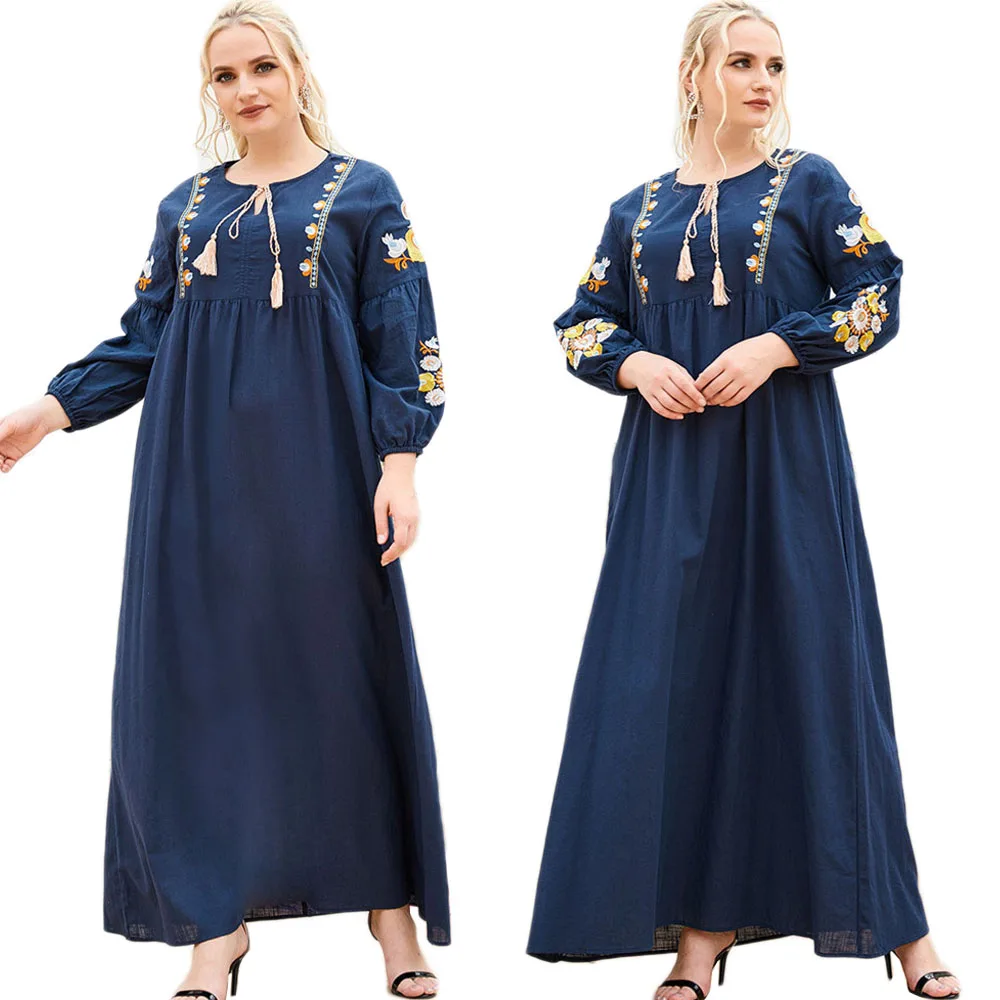 Этническая вышивка, мусульманское женское длинное платье, арабское повседневное Свободное платье, мусульманская одежда, Рамадан, турецкий ...