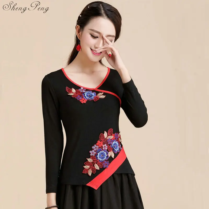 Одежда в китайском стиле женская черная винтажная фольклорная рубашка с